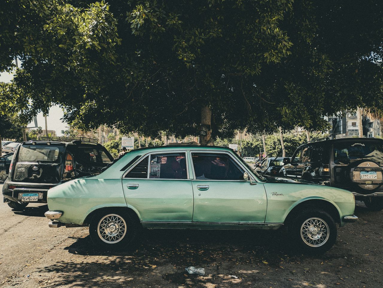 A classic green car parked under a tree in a city environment during daytime.